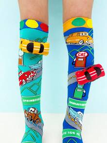1 Pair Kids Over-The-Knee Socks, Unique 3D Car Decor Design, Crazy Fun Sock Style, Suitable For All Seasons, Great For Crazy Day Gifts, Kids Parties, Valentine's Day, Easter, Holidays, Outdoor And Daily Wear - Baby Blue - View 6