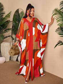 BIUBIU Plus Size Elegant Abstract Print Kaftan Dress, Spring Vacation Outfit With Batwing Sleeves, Women V-Neck Front Slit Design - Red Orange - View 5