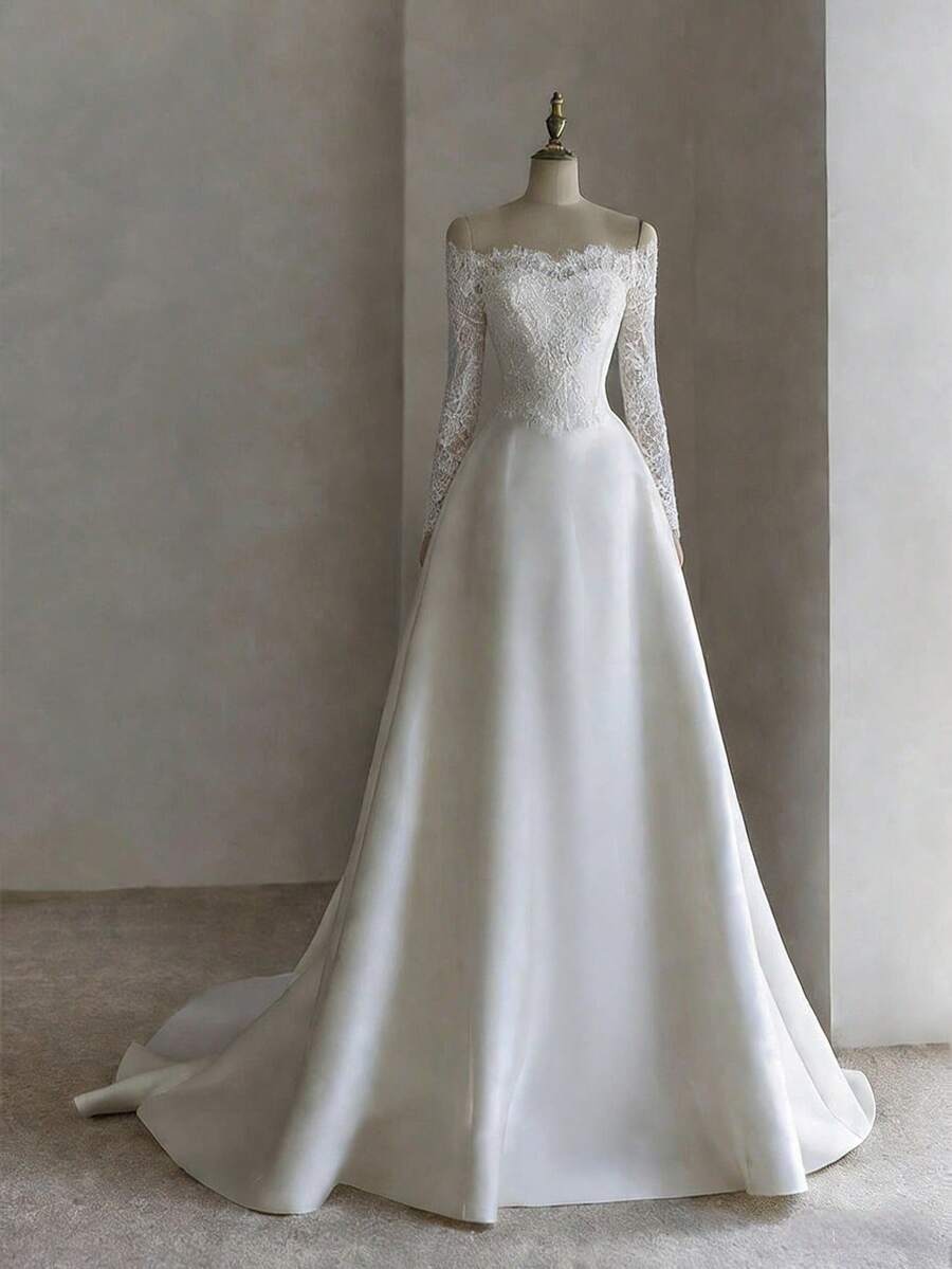 Delicate Off-Shoulder Long Sleeve A-Line Wedding Gown With Lace Accents – Lustrous Satin Dress With Romantic Lace Insets And Flowing A-Line Skirt, Designed For Wedding Days, Christmas Parties, Halloween Celebrations, Prom Evenings, Birthday Parties, And Formal Occasions. Fitting For Ceremonies, Festive Events, Bridal Showers, Holiday Vacations, Dinner Galas, Graduation Parties, Homecoming Celebrations, Cocktail Functions, And Wedding Guest Outings. - 白色 - 查看 1