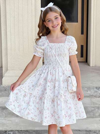 Girls' Long Sleeve Ditsy Floral Dress With Belt, Casual Wear
