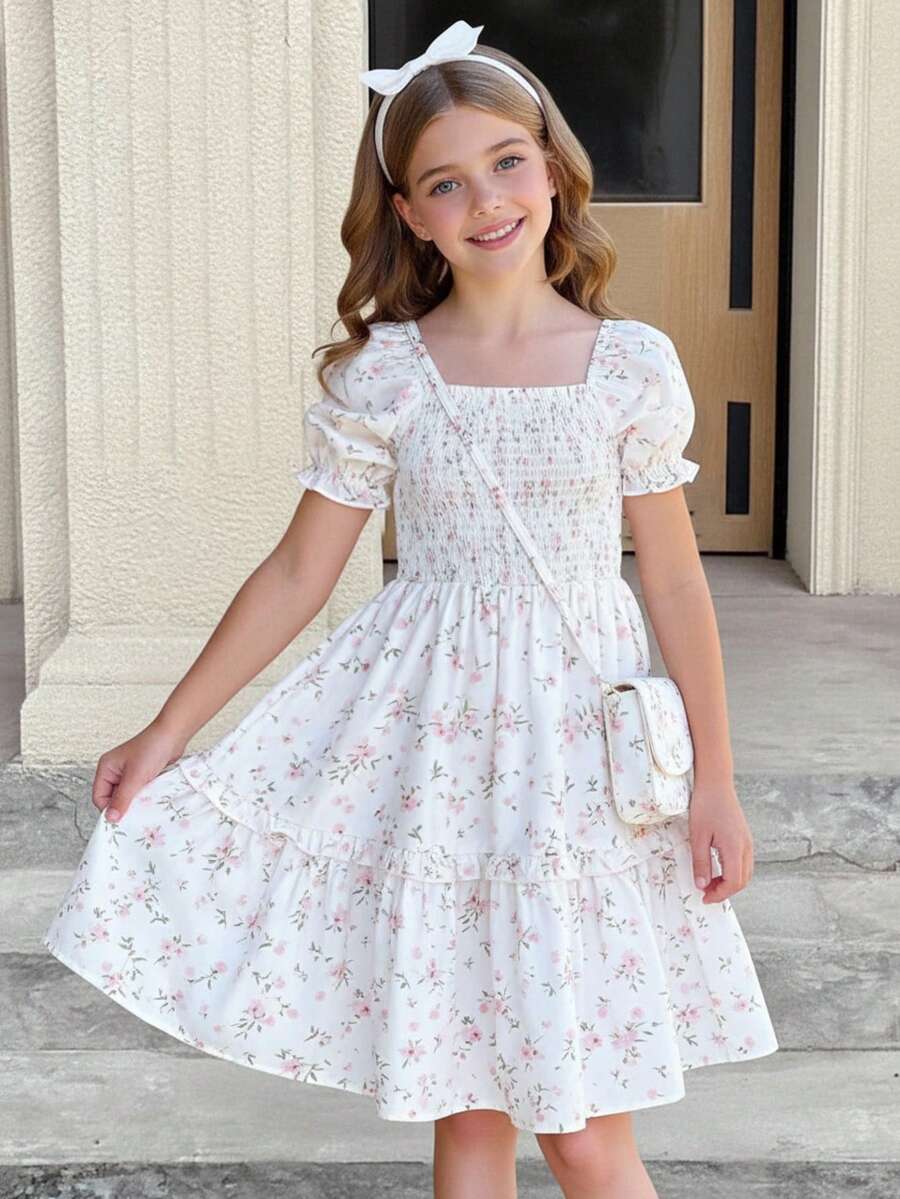Girls' Long Sleeve Ditsy Floral Dress With Belt, Casual Wear - White - View 1