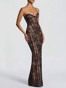 2026夏季刺绣花卉黑色蕾丝连衣裙，优雅性感无肩带开衩修身鸡尾酒会礼服，女士 - 黑色 - 查看 10