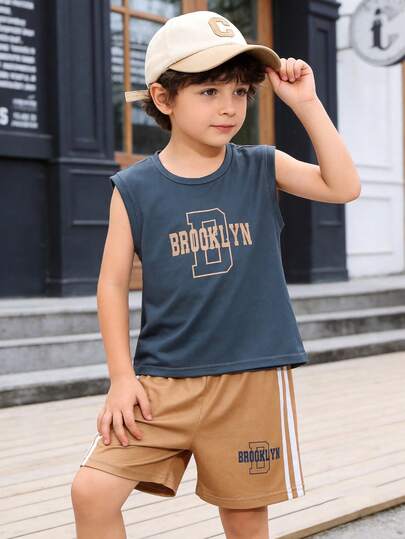 2pcs/Set Young Boy's Casual Street-Style Collegiate Classic Retro "BROOKLYN" Letter Graphic Round Neck Tank Top Paired With Striped Loose Shorts Set, Spring/Summer