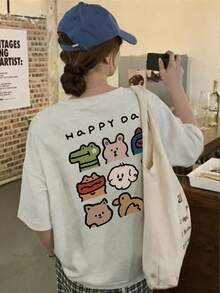 女士宽松圆领短袖字母卡通印花T恤，春夏款 - 淺花灰 - 查看 3