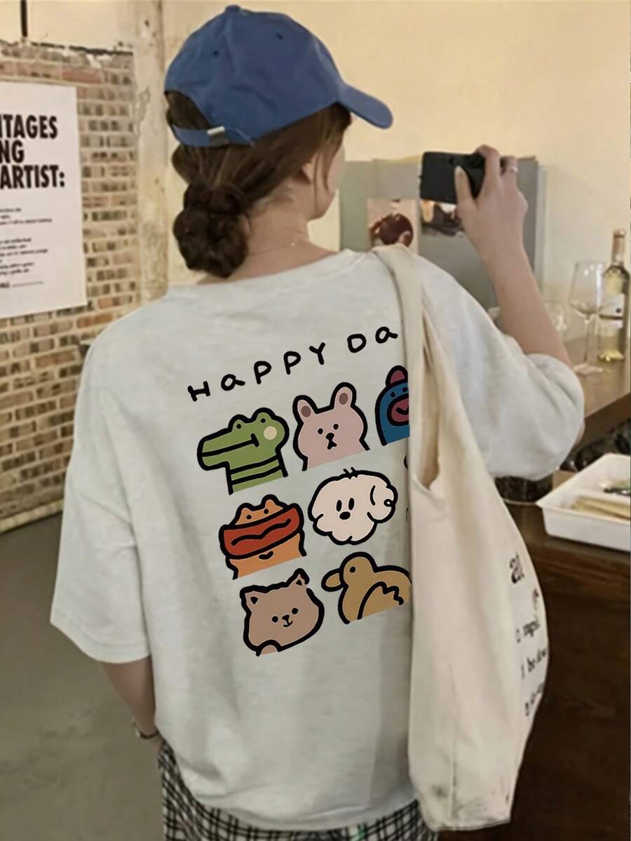 Women's Loose Fit Round Neck Short Sleeve Letter & Cartoon Print T-Shirt, Spring/Summer - Light Gray - View 1