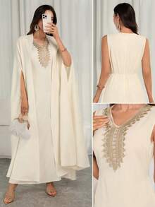 This Elegant 2 Pieces Set (Bat-Wing Jacket + Lace-Trim Dress) Is Designed Specifically For Middle Eastern New Year Celebrations, Festivals And Holiday Parties, Combining Sophistication And Festive Charm. - Apricot - View 1