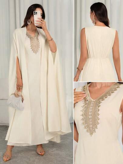 这款优雅的两件套（蝙蝠袖外套+蕾丝边连衣裙）专为中东新年庆祝活动、节日和假日派对而设计，兼具精致优雅和节日魅力。