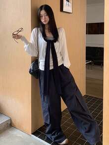 Spring/Summer Navy Blue Loose Straight Leg Casual Pants, Drawstring Waist, Wide Leg, Slimming Pockets, Sports Utility Trousers Winter - Navy Blue - View 5