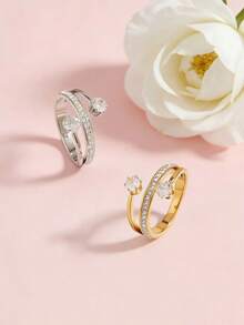 1pc 18K Gold Plated Stainless Steel Cubic Zirconia Ring, Jewelry Gift For Women, Suitable For Wedding, Party, Date - Two Single Diamond Mud Diamond Ring - View 4
