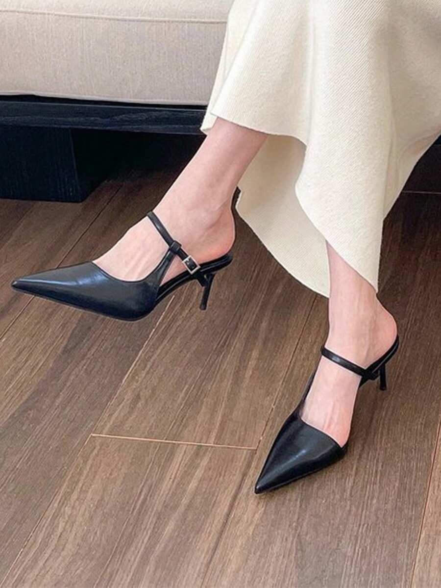 女士法式尖头细带高跟凉鞋，露后跟显瘦通勤高跟鞋 - 黑色 - 查看 1