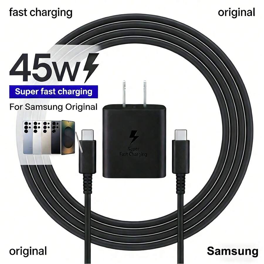 适用于三星 S25/S24 Ultra/S24 / S24+/S23 Ultra/S23 / S23+/S22+/S22 Note 10+/Note 20/S20/S21 Z Fold 4/Z Flip 4、Galaxy Tab S7/S7+/S8/S8+/S8 Ultra、Galaxy S25 Ultra、Galaxy S25、Galaxy S25+ 的 USB-C 超级快充充电器，美规 A 型 B 型插头，110-127V，45W，USB-C 接口，配备 3.3 英尺和 6.6 英尺快充线，情人节礼物之选。 - 美規A型插(110-127V) - 查看 1