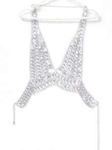 DEKUNER 闪亮亮片串珠上衣，性感深V领Y2K风格胸链，女士必备串珠连体衣，适合酒吧、派对、音乐节等场合。 - 銀色 - 查看 7