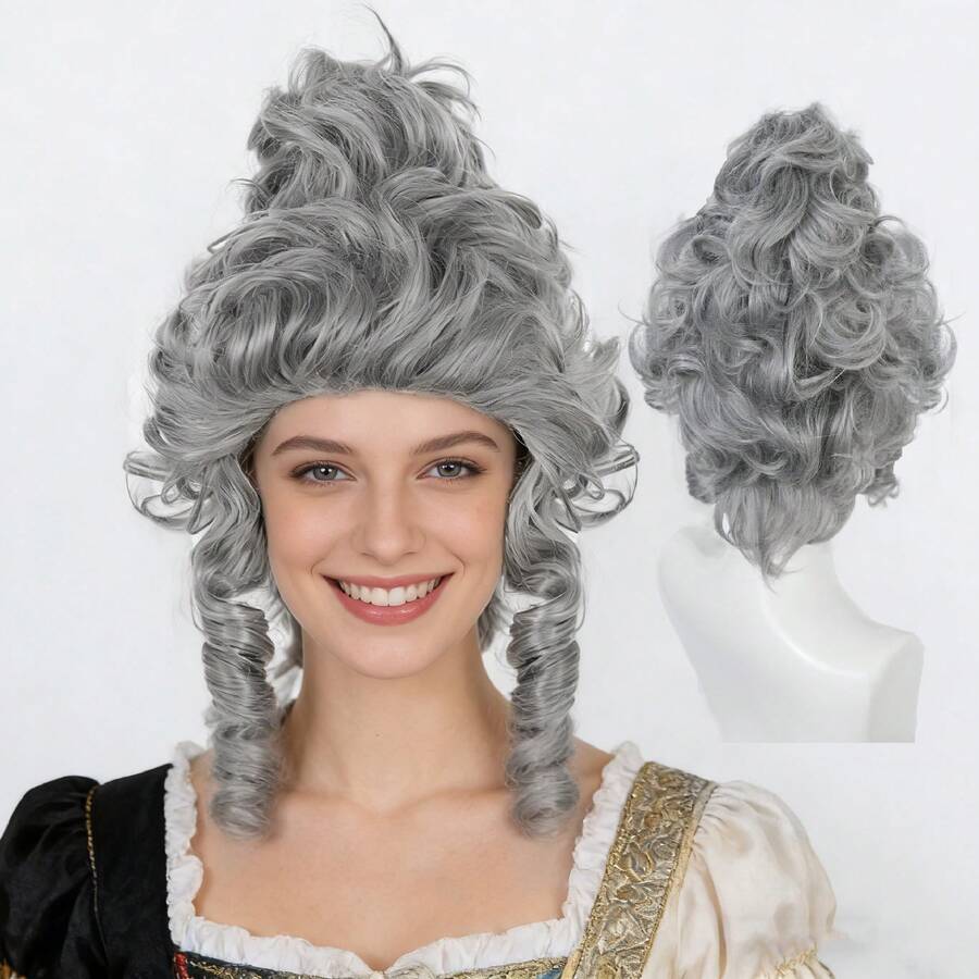 灰色短卷发蜂窝头假发，带刘海，18世纪殖民时期女士角色扮演假发，派对服装假发，蓬松波浪盘发假发，殖民时期公主假发，18世纪女王假发，蓬松耐高温合成纤维假发，蓬松灰色大卷发假发 - 淺灰色 - 查看 1