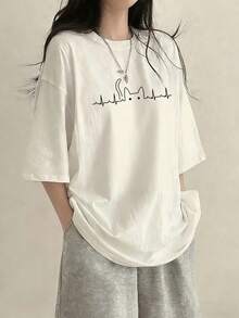 Women's Loose Round Neck Short Sleeve Cartoon Cat Print T-Shirt, Spring/Summer - White - View 3