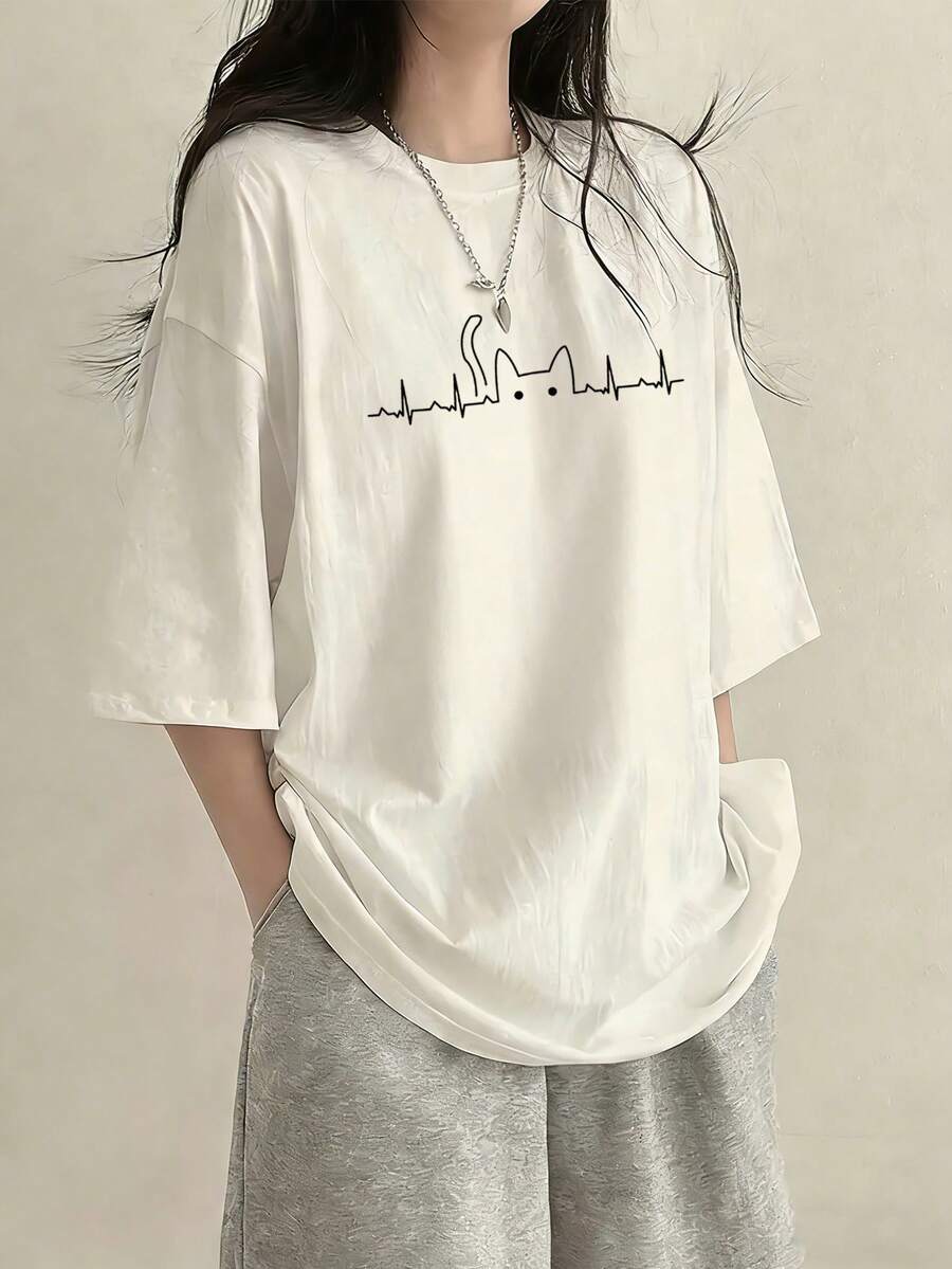 女士宽松圆领短袖卡通猫印花T恤，春夏款 - 白色 - 查看 1