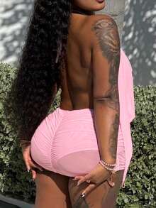 Women's Solid Color Halter Deep V Backless Ruffle Pleated Bodycon Mini Dress Pink Elegant Party Summer - Pink - View 10