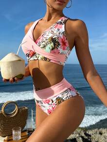 Chic Women's Floral Print Halter Bikini Set High-Waisted And Backless For A Stylish Poolside Look Beach New Arrival Festival Summer Holiday Outfits - Multicolor - View 3