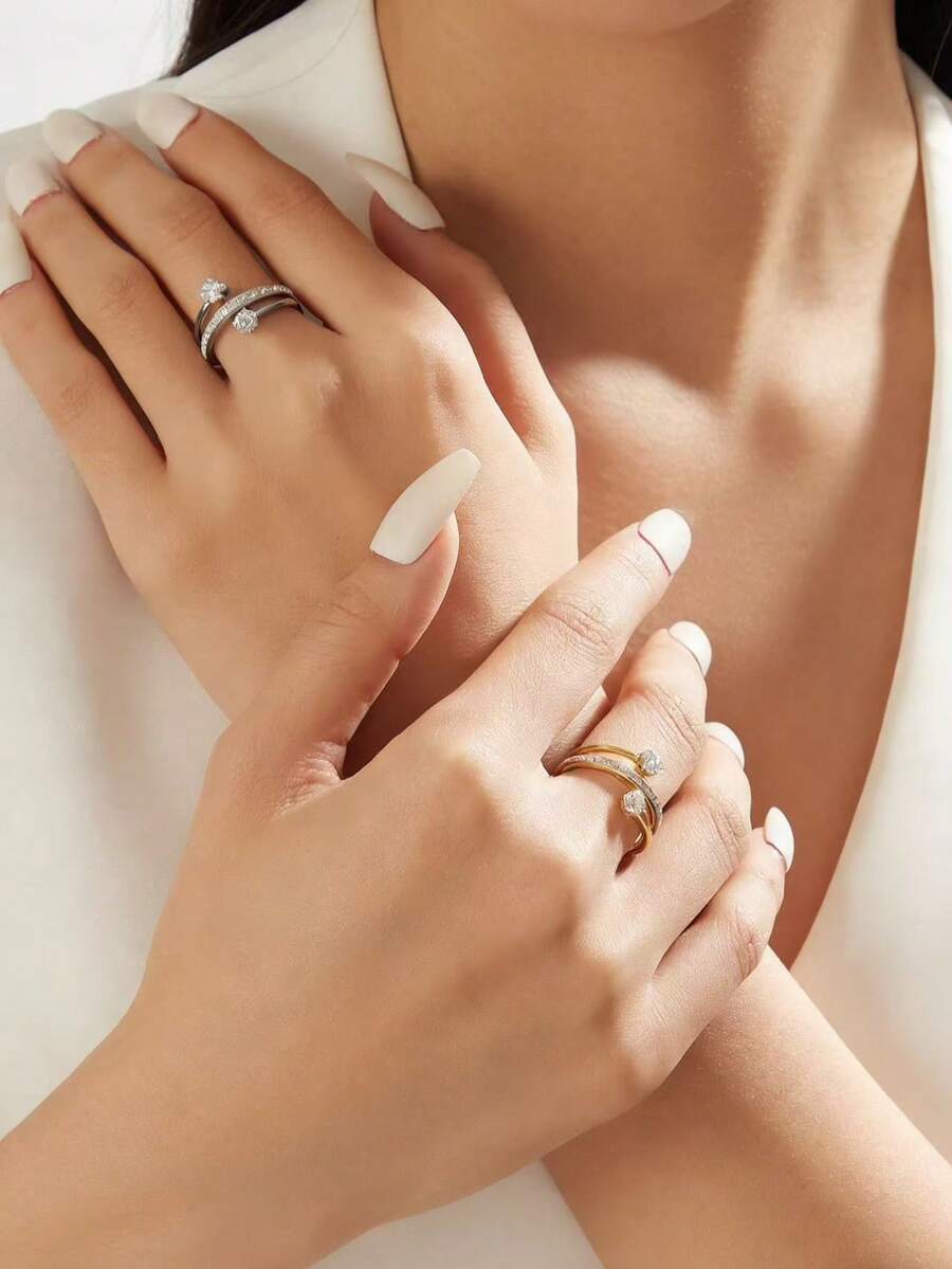 1pc 18K Gold Plated Stainless Steel Cubic Zirconia Ring, Jewelry Gift For Women, Suitable For Wedding, Party, Date - Two Single Diamond Mud Diamond Ring - View 1