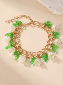 1/2pcs Fashion Sweet Lily Of The Valley & Leaf Necklace Earrings Jewelry Set, Suitable For Daily, Date, Vacation, Party - Yellow Gold - View 10