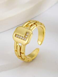 1pc Classic Fashion Letter Square Ring, Suitable For Men, Girl And Children, Street Accessory, Daily Decoration Gift - Yellow Gold - View 2