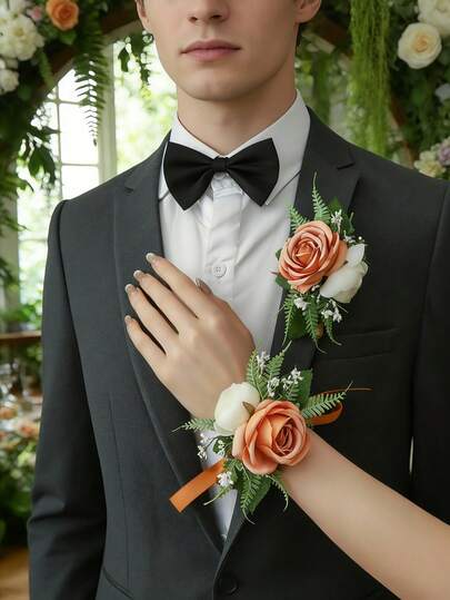1 pieza/2 piezas Corsage de planta artificial de rosa naranja de alta gama con capullo de té y respiración de bebé, boutonnière y pulsera románticas adecuadas para el novio, la novia, el padrino, la dama de honor, los padres para bodas, aniversarios, eventos, fiestas, celebraciones corporativas/escolares
