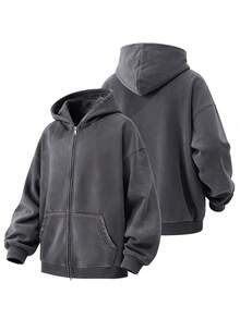 Men's Washed Cotton Cardigan Hoodie Slightly Stretch Breathable Loose Casual Hooded Jacket - 深灰色 - 查看 1