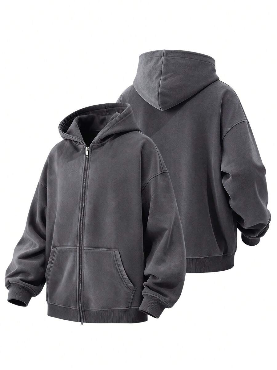 Men's Washed Cotton Cardigan Hoodie Slightly Stretch Breathable Loose Casual Hooded Jacket - 深灰色 - 查看 1