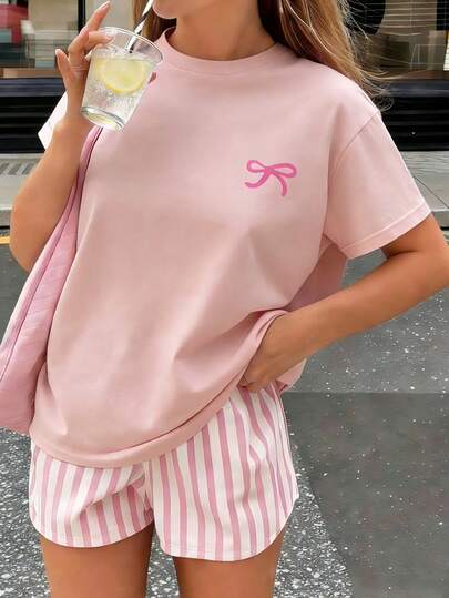 少女蝴蝶印花短袖套头T恤，学生童装，夏季上衣，女孩们准备好玩耍