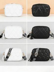 1pc Girls' Classic Textured Crossbody Bag, Minimalist Soft Shoulder Bag, Delicate Stitching Compact Convenient Daily Use, Black & White Basic Style, Suitable For Commuting & Outing - Multicolor - View 2