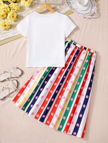 2pcs/Set Girls Cartoon Character Print Short Sleeve T-Shirt & Mini Skirt Outfit - White - View 3