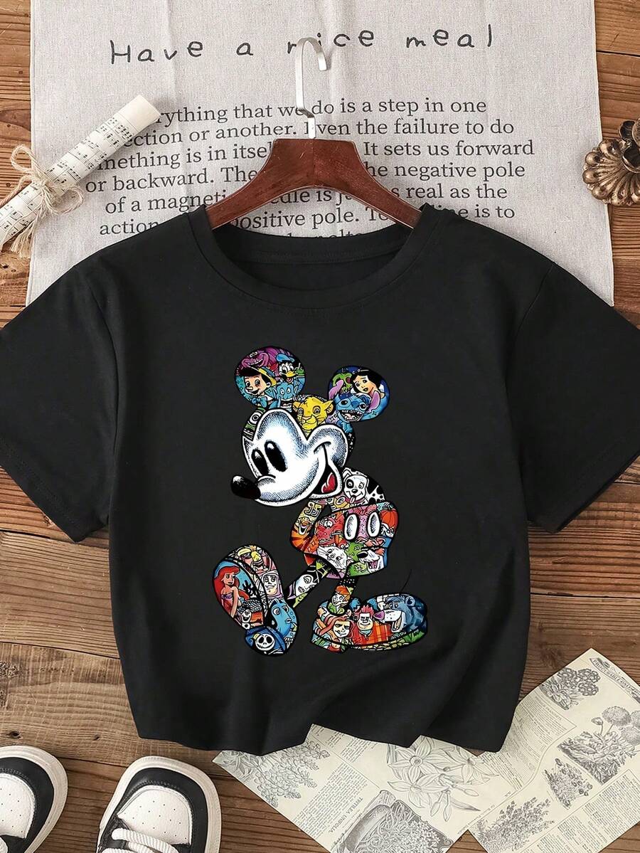 1pc Disney Mickey Mouse Playful Pop Art Print Tween Boys & Girls Versatile Style T-Shirt - Lightweight, Skin-Friendly, Great For School & Leisure Activities - màu đen - Xem 1