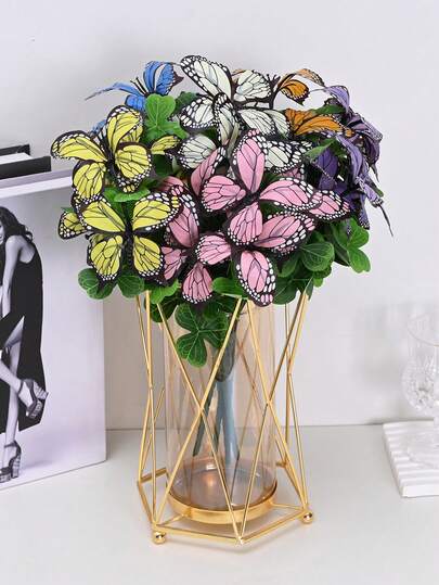 1/3pcs Artificial Flowers Butterfly Stems, 11.8inch 5 Fake Butterflies With Clover, Suitable For Wedding Decoration, Dining Table Decoration, Flower Arrangement, Home Decoration, Indoor/Outdoor Decoration, Valentine's Day Decoration