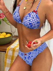 2pcs Lemon Yellow Plaid Print With Red Bow Swimwear Set, Removable Swimwear Pads, Beach Vacation Outfits, Swimsuit, Summer Dresses For Women, Summer Clothes Women, Festival, Ibiza Outfits, Swimwear Women, Bikini Set, Swimming Costume Women, Beach Wear Women, Holiday Coord, Beach Dress, Bikinis For Women Sets - Blue Purple - View 5