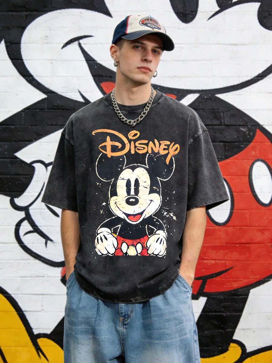 Disney Simple Print Short Sleeve, American Street Loose Heavy Cotton Men Tee - Black - View 1