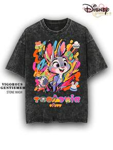 Disney Zootopia Judy Hopps Colorful Art Stone Wash Cotton 180g Streetwear Tee - 黑色 - 查看 1