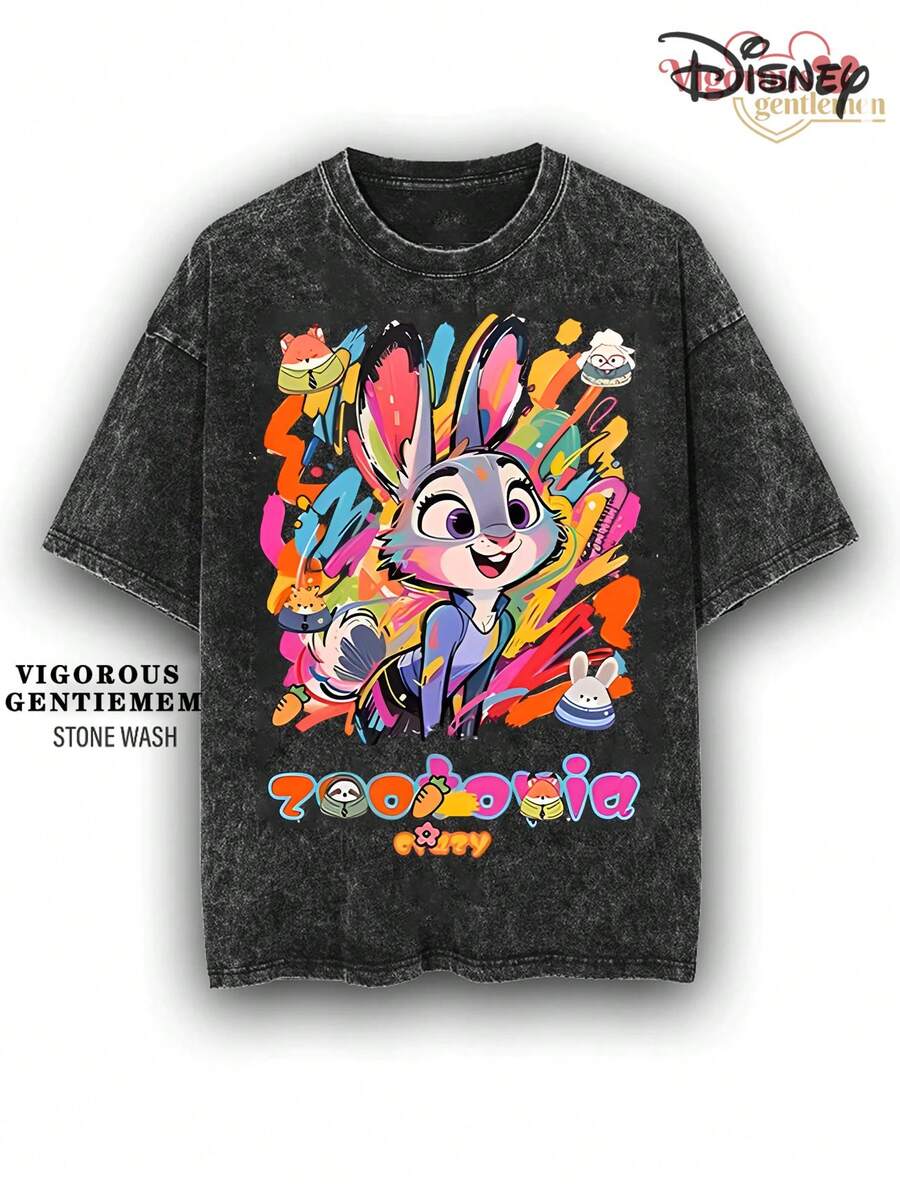 Disney Zootopia Judy Hopps Colorful Art Stone Wash Cotton 180g Streetwear Tee - 黑色 - 查看 1