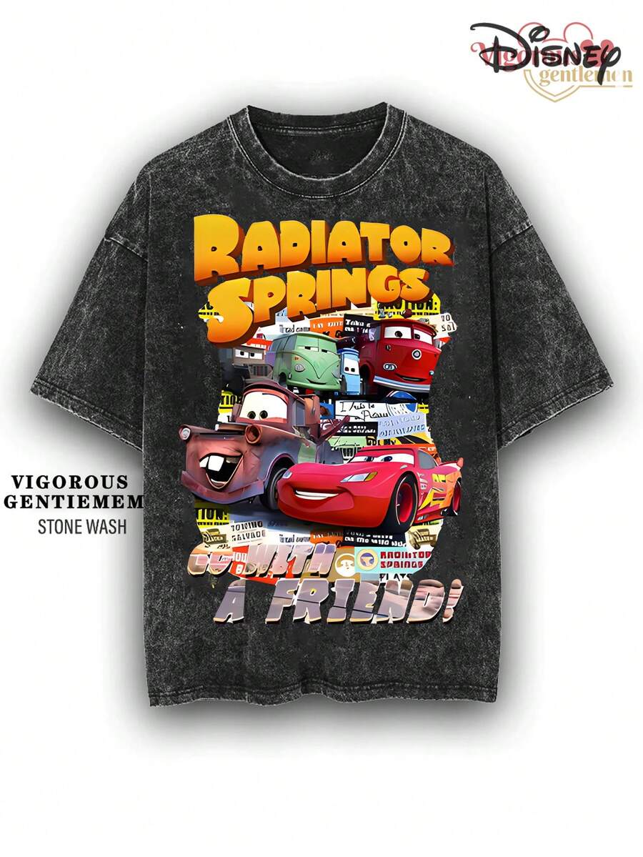 Disney Cars Radiator Springs Vintage Stone Wash T-Shirt, Retro Streetwear Graphic Tee - màu đen - Xem 1