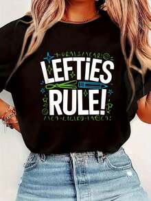 Lefties Rule! - Left-Handed Lefty T-Shirt1 Short Sleeve Crew Neck Casual Top For Summer & Spring, Women's Clothing - 黑色 - 查看 1
