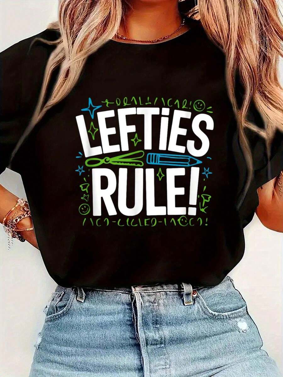 Lefties Rule! - Left-Handed Lefty T-Shirt1 Short Sleeve Crew Neck Casual Top For Summer & Spring, Women's Clothing - 黑色 - 查看 1