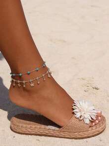 2 piezas Tobillera de estilo bohemio con mariposa de turquesa y diamante de imitación, adecuada para vacaciones en la playa y uso diario casual de mujeres - Dorado - Ver 3