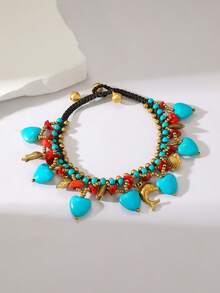 1pc Bohemian Style Turquoise Heart Pendant Wax Rope Woven Anklet, Suitable For Women's Daily And Holiday Wear, Especially Suitable For Summer - Multicolor - View 11