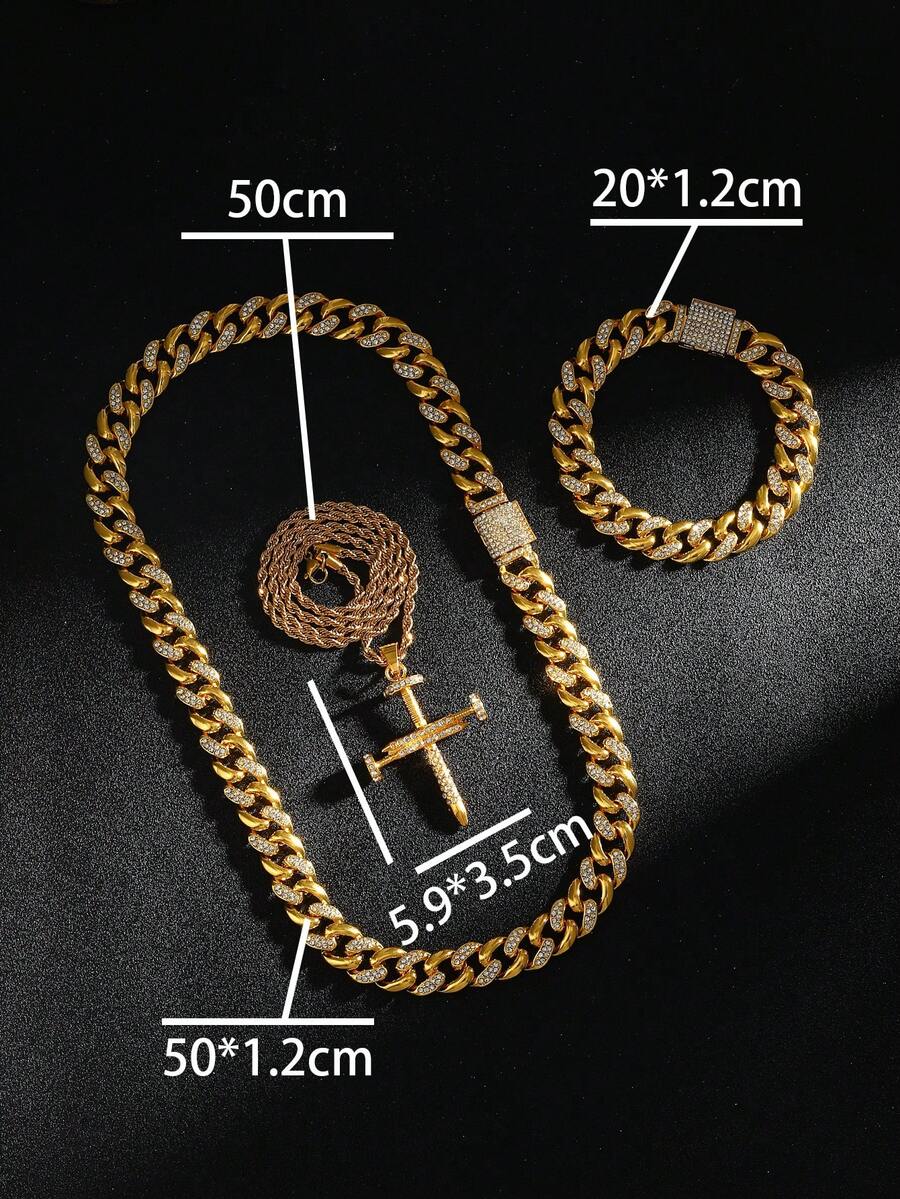 Nail Cross Pendant Iced Out Hiphop Polished Rhinestone Necklace - Gold - View 1