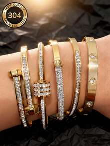 Znice 2026 New 18K Gold Plated Stainless Steel Sparkling Floral Rhinestone Bracelet Set, Fashionable Waterproof Tarnish Resistant, Christmas/Valentine's Day Gift For Parents, Daughter, Son - Gold - View 3
