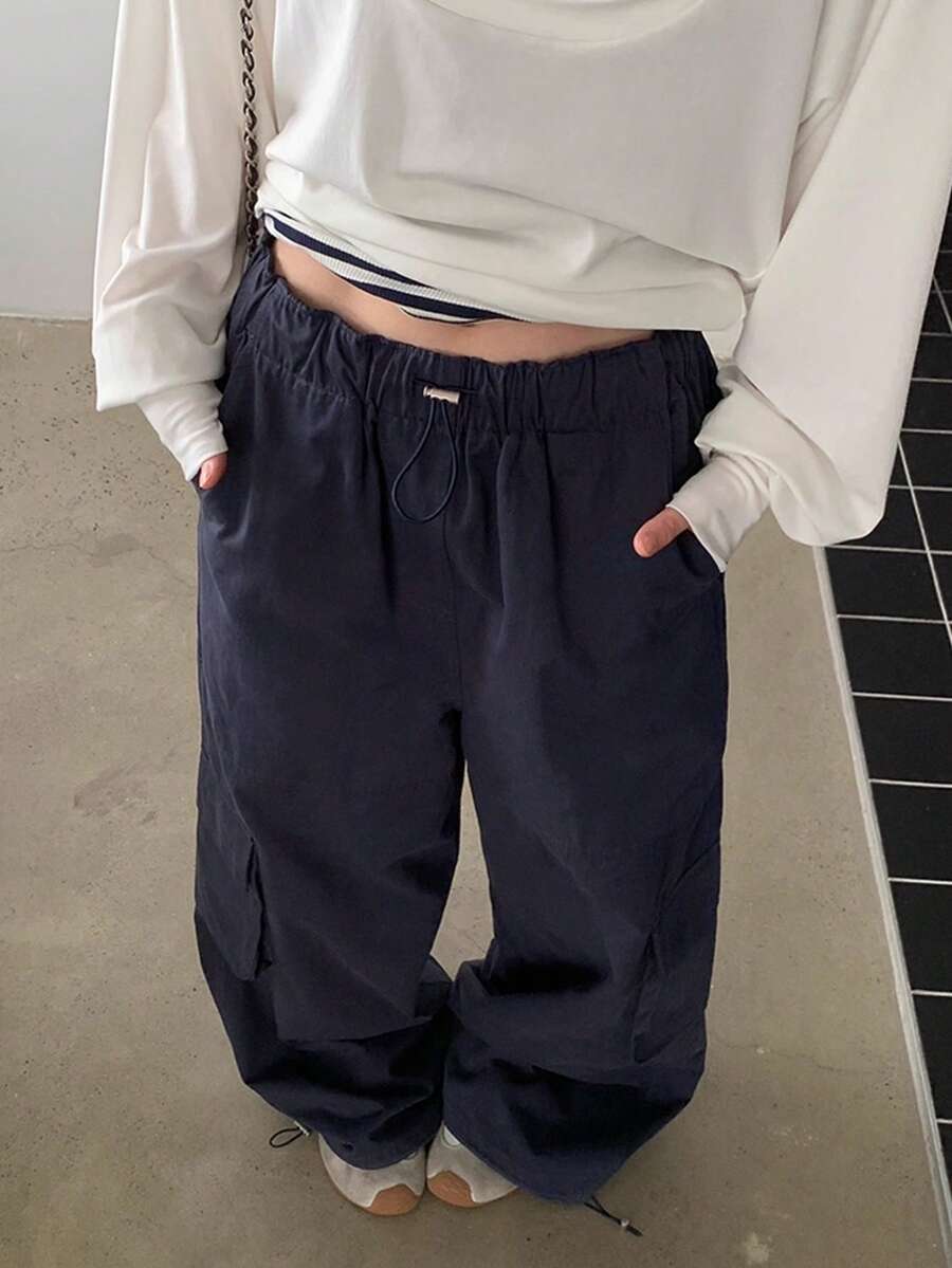 Spring/Summer Navy Blue Loose Straight Leg Casual Pants, Drawstring Waist, Wide Leg, Slimming Pockets, Sports Utility Trousers Winter - Navy Blue - View 1
