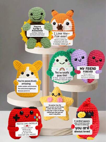 4件套手工钩编桌面摆件，趣味科幻动植物造型，送给闺蜜、姐妹、家人、爱人的绝佳礼物，适合生日、感恩节、圣诞节、情人节、母亲节等各种场合，毛绒玩具，房间装饰，小礼物