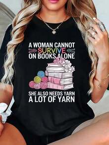 playeras de algodón mujer, Una mujer no puede vivir de libros. Necesita hilo. Camisetas gráficas para mujer, ropa de verano. conjuntos de mujer tops - Negro - Ver 1