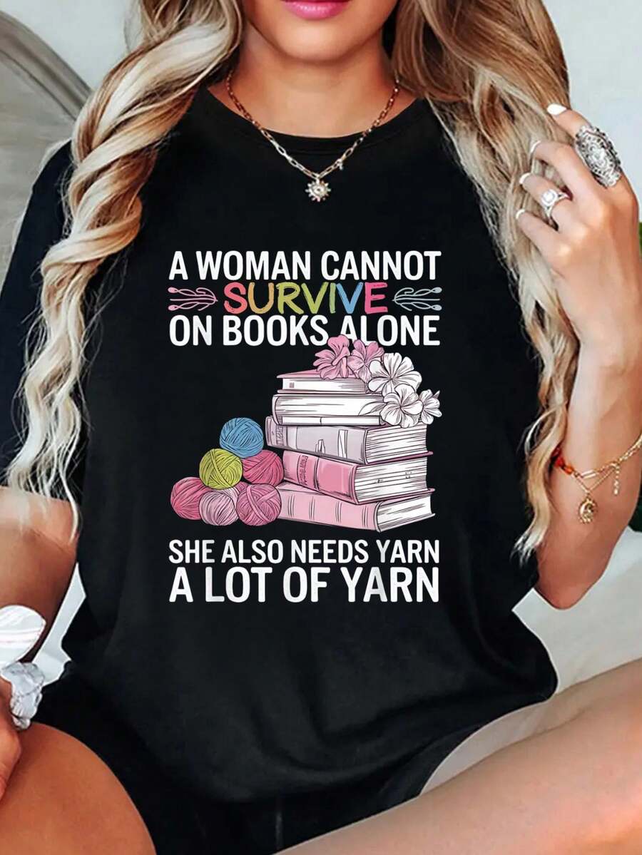 playeras de algodón mujer, Una mujer no puede vivir de libros. Necesita hilo. Camisetas gráficas para mujer, ropa de verano. conjuntos de mujer tops - Negro - Ver 1