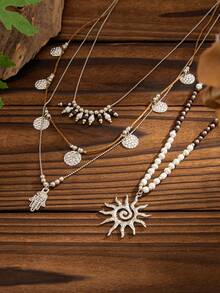 2件套波西米亚几何链条串珠亮片莲花火焰吊坠项链，奢华多层项链，适合婚礼、派对、度假、日常休闲、街拍，女士及情侣礼物 - 項鍊 - 查看 10