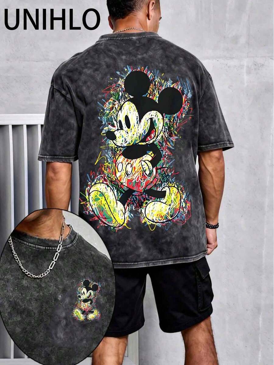 Disney UNIHLO  Mickey    Printed Summer Heavyweight Retro Washed Street Fashion Casual T-Shirt - Black - View 1