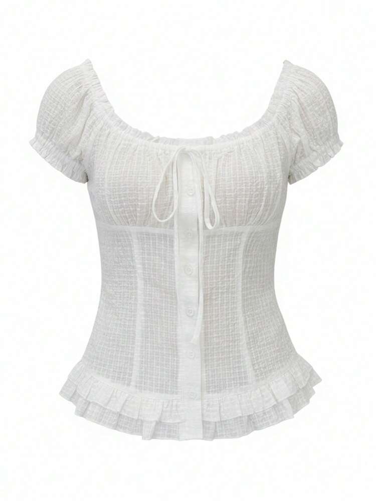 Damen Weiße Bluse mit quadratischem Ausschnitt - Rüschenbesatz am Saum, Bindeband vorne, plissierte Taille, lässige Sommerbluse - Weiss - Übersicht 6